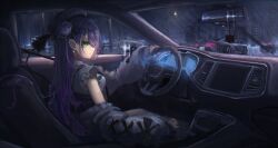 1girl car car_interior demon_tail driving ear_piercing frilled_sleeves frills green_eyes hat hololive long_hair motor_vehicle night piercing purple_hair shirt shiyo_tsubame steering_wheel tail tokoyami_towa tokoyami_towa_(jirai_kei) virtual_youtuber white_shirt