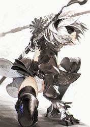 Rule 34 | 1girl, black dress, black thighhighs, blindfold, boots, commentary request, dress, floating hair, gloves, high heel boots, high heels, highleg, highres, holding, holding sword, holding weapon, kneeling, leotard, long sleeves, nier:automata, nier (series), on one knee, panties, revision, short hair, skirt, solo, sword, thigh boots, thighhighs, thighs, two-sided fabric, two-sided skirt, underwear, weapon, white hair, white leotard, 2b (nier:automata), yunar