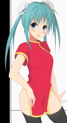 Rule 34 | 1girl, black thighhighs, blue eyes, blush, breasts, china dress, chinese clothes, double bun, dress, female focus, green hair, hair bun, hatsune miku, looking at viewer, open mouth, ratsuku kinoko, simple background, solo, thighhighs, thighs, vocaloid, white background