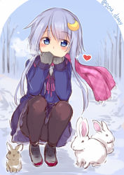 Rule 34 | 1girl, animal, animal ears, bare tree, blue eyes, blue hair, blue shirt, blue sky, breath, brown pantyhose, commentary request, covered mouth, crescent, crescent hair ornament, day, fringe trim, full body, grey footwear, grey mittens, hair ornament, hands up, heart, kantai collection, long hair, long sleeves, mittens, outdoors, pantyhose, pink scarf, plaid, plaid scarf, purple sailor collar, purple skirt, rabbit, sailor collar, scarf, school uniform, serafuku, shirt, shoes, sketch, skirt, sky, snow, solo, sou (soutennkouchi), squatting, tree, twitter username, unmoving pattern, very long hair, yayoi (kancolle)