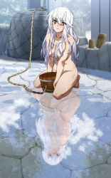 Rule 34 | 10s, 1girl, blush, breasts, bucket, convenient censoring, different reflection, eleonora viltaria, hair censor, highres, kneeling, large breasts, long hair, madan no ou to vanadis, nude, red eyes, reflection, silver hair, smile, solo, wet