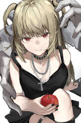 Rule 34 | 2girls, absurdres, amane misa, apple, black choker, black dress, black nails, chain, chain necklace, choker, closed mouth, cross, cross necklace, death note, death note (object), dress, food, fruit, goth fashion, highres, holding, holding food, holding fruit, i hinoe, jewelry, long hair, looking at viewer, multiple girls, nail polish, necklace, red apple, red eyes, rem (death note), shinigami, sitting, solo focus, twintails