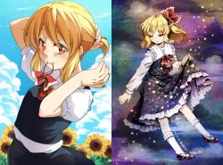 Rule 34 | 1girl, alternate hairstyle, blonde hair, blouse, blue sky, bunching hair, cloud, cloudy sky, flower, frilled skirt, frills, hair ribbon, looking at viewer, mouth hold, night, puffy short sleeves, puffy sleeves, red eyes, ribbon, rumia, shirane koitsu, shirt, short ponytail, short sleeves, skirt, sky, smile, sunflower, touhou, vest