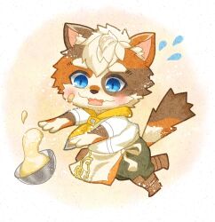 Rule 34 | 1boy, animal ears, apron, bowl, cat boy, cat ears, cat tail, character request, chibi, cooking, crave saga, dough, flying sweatdrops, full body, furry, furry male, highres, male focus, short hair, solo, tail, taku (0807ad14), thick eyebrows