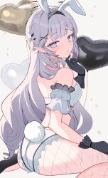 Rule 34 | 1girl, absurdres, animal ears, ass, balloon, black gloves, black hairband, blue archive, blush, breasts, fake animal ears, fake tail, fishnet pantyhose, fishnets, flower, gloves, grey hair, grey halo, hair flower, hair ornament, hairband, halo, heart balloon, highres, himari (blue archive), long hair, looking at viewer, pantyhose, parted lips, pointy ears, purple eyes, rabbit ears, rabbit tail, small breasts, solo, striped clothes, striped hairband, tail, utakapen, white flower