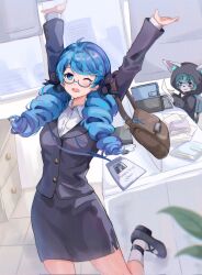 Rule 34 | 2girls, ;d, ahoge, arms up, black bow, black footwear, black jacket, black skirt, blue hair, bow, brown bag, drill hair, english text, glasses, green eyes, gwen (league of legends), hair bow, highres, holding, holding paper, indoors, jacket, kureko0w0, league of legends, long hair, multiple girls, office, office lady, one eye closed, open mouth, paper, pencil skirt, semi-rimless eyewear, skirt, smile, socks, twin drills, twintails, vex (league of legends), yordle