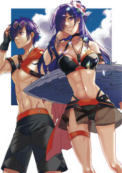 1boy 1girl abs bikini black_bikini black_choker breasts choker fire_emblem fire_emblem:_three_houses fire_emblem_heroes fire_emblem_warriors:_three_hopes flower gluteal_fold hair_bun hair_flower hair_ornament hair_over_one_eye hibiscus large_breasts masakikazuyoshi nintendo official_alternate_costume purple_eyes purple_hair shez_(female)_(fire_emblem) shez_(female)_(summer)_(fire_emblem) shez_(fire_emblem) shez_(male)_(fire_emblem) single_hair_bun surfboard swimsuit white_flower