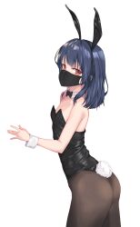 Rule 34 | 1girl, absurdres, animal ears, ass, black bow, black mask, black pantyhose, blue hair, bow, dark blue hair, detached collar, fake animal ears, flat chest, highres, idolmaster, idolmaster shiny colors, jokarara, leotard, looking at viewer, mask, medium hair, morino rinze, mouth mask, oversized breast cup, pantyhose, playboy bunny, rabbit ears, rabbit tail, red eyes, simple background, solo, tail, twisted torso, white background, wrist cuffs