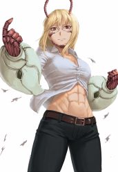 Rule 34 | 10s, 1girl, abs, antennae, belt, blonde hair, clenched hand, denim, female focus, glasses, highres, jeans, michelle k. davis, muscular, muscular female, pants, ranma (kamenrideroz), red eyes, simple background, smile, solo, terra formars, toned, white background, wind