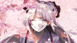 Rule 34 | 1girl, absurdres, blunt bangs, blush, bow, branch, cherry blossoms, closed eyes, collared shirt, commentary, facing viewer, floating hair, fujiwara no mokou, grey hair, grey shirt, grin, hair bow, happy, highres, hime cut, long hair, petals, pink theme, portrait, shirt, sidelocks, smile, solo, somei ooo, suspenders, teeth, touhou, two-tone bow, v-shaped eyebrows, very long hair, white bow, white hair, wing collar