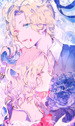 Rule 34 | 1boy, 1girl, blonde hair, blood, blue eyes, bouquet, diabolik lovers, facing another, facing to the side, fangs, flower, hano luno, heterochromia, highres, holding, holding bouquet, komori yui, looking at viewer, mukami kou, pink eyes, purple flower, purple rose, red eyes, rose, tongue, tongue out, vampire