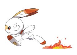 Rule 34 | absurdres, artist request, closed mouth, creatures (company), fire, from side, full body, furry, game freak, gen 8 pokemon, highres, nintendo, official art, orange eyes, outline, pokemon, pokemon (creature), pokemon swsh, profile, running, scorbunny, simple background, solo, transparent background, white outline