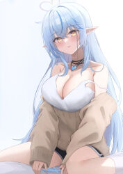 Rule 34 | 1girl, blue hair, breasts, cleavage, hat, hololive, long hair, looking at viewer, mofu07519, pointy ears, sitting, solo, virtual youtuber, yellow eyes, yukihana lamy