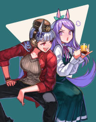 Rule 34 | 2girls, animal ears, black dress, black pants, blue bow, bow, bright pupils, brown headwear, brown shirt, character request, check character, cup, dress, gold ship (umamusume), grey hair, hair bow, hand on own hip, hands up, highres, holding, holding cup, holding spoon, horse ears, horse girl, horse tail, invisible chair, kaneni, long sleeves, mejiro mcqueen (umamusume), multiple girls, pants, pink eyes, pink ribbon, purple eyes, purple hair, red shirt, ribbon, shirt, sitting, spoon, tail, umamusume, white pupils, white shirt