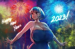 Rule 34 | 1girl, 2023, backlighting, blue dress, blue hair, blunt bangs, blush, bob cut, breasts, cleavage, collarbone, curvy, dress, erkaz, fireworks, happy new year, highres, huge breasts, new year, night, original, red eyes, rina atherina, shiny skin, short hair, smile, solo, upper body, wide hips