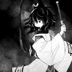 Rule 34 | 1other, androgynous, black background, closed mouth, detached sleeves, eye of senri, greyscale, half-closed eyes, hat, hat ribbon, highres, holding, holding rope, japanese clothes, jinbei (clothes), kariginu, layered sleeves, len&#039;en, long sleeves, looking down, looking to the side, monochrome, ofuda, ofuda on clothes, other focus, retrochaossan, ribbon, rope, senri tsurubami, short hair, smile, solo, turtleneck, upper body, wide sleeves
