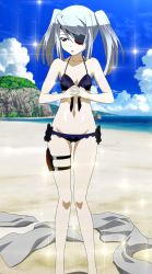 Rule 34 | 10s, 1girl, absurdres, beach, bikini, blush, cloud, day, eyepatch, highres, infinite stratos, laura bodewig, long legs, non-web source, ocean, outdoors, own hands clasped, own hands together, screencap, silver hair, sky, solo, sparkle, standing, stitched, swimsuit, thigh strap, third-party edit, twintails