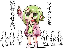 Rule 34 | 1girl, :d, arm up, bare shoulders, blush, camisole, green camisole, green eyes, green hair, hair between eyes, jacket, kanikama, long hair, long sleeves, lowres, morinaka kazaki, nijisanji, no shoes, off shoulder, open clothes, open jacket, open mouth, pink jacket, pink shorts, pointing, pointing up, polka dot, polka dot camisole, short shorts, shorts, sidelocks, sleeves past wrists, smile, socks, solo focus, standing, striped clothes, striped legwear, striped socks, translation request, virtual youtuber, white background