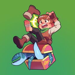 Rule 34 | 1boy, absurdres, artist name, bandaged foot, bandages, boots, brown eyes, brown hair, chibi, chilchuck tims, crab, dungeon meshi, feet, fingerless gloves, gloves, green background, highres, long sleeves, lougouvea, male focus, short hair, single barefoot, single boot, soles, solo, surprised, teeth, toes, treasure chest, upper teeth only