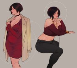 Rule 34 | 1girl, ada wong, asian, belly, black hair, bob cut, breasts, brown eyes, cleavage, curtained hair, dress, glacier clear, highres, large breasts, looking at viewer, navel, plump, red dress, red lips, resident evil, resident evil 2, resident evil 2 (remake), short hair, solo, thick thighs, thighs