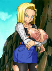 Rule 34 | 1girl, android 18, blonde hair, blue eyes, breasts, dragonball z, expressionless, female focus, highres, huge nipples, large breasts, looking at viewer, medium hair, nipples, pantyhose, skirt, solo, torn clothes, ttrop