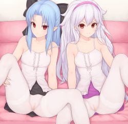 Rule 34 | &gt;:), 2girls, absurdres, bare shoulders, black bow, black skirt, blue hair, blush, bow, breasts, cameltoe, camisole, cleft of venus, closed mouth, clothes lift, couch, empty eyes, expressionless, feet out of frame, granblue fantasy, hair between eyes, hair bow, hairband, half updo, highres, huge filesize, indoors, knee up, large bow, len (tsukihime), light purple hair, long hair, looking at viewer, medusa (shingeki no bahamut), mogtate, multiple girls, on couch, pantyhose, parted bangs, pink hairband, pointy ears, purple skirt, red eyes, shingeki no bahamut, sidelocks, sitting, skirt, skirt lift, sleeveless, small breasts, smile, spaghetti strap, spread legs, strap slip, sweatdrop, thighband pantyhose, tsukihime, white camisole, white legwear