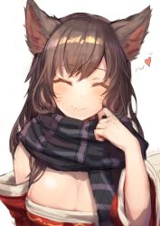 Rule 34 | 1girl, a.t. zero, ahri (league of legends), animal ears, bad id, bad twitter id, blush, breasts, brown hair, cleavage, detached sleeves, closed eyes, facial mark, fox ears, heart, highres, large breasts, league of legends, long hair, scarf, smile, solo, upper body, whisker markings