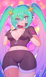 Rule 34 | 1girl, absurdres, bike shorts, breasts, cleavage, green eyes, green hair, hatsune miku, highres, large breasts, legs, long hair, looking at viewer, midriff, navel, open mouth, solo, sweat, thick thighs, thighs, top pull, twintails, unzipped, vocaloid, wide hips