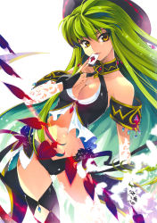 Rule 34 | 1girl, armlet, breasts, bridal gauntlets, c.c., card, cleavage, cleavage cutout, clothing cutout, code geass, creayus, green hair, halterneck, halterneck, hat, highres, holding, holding card, jewelry, lipstick, long hair, makeup, midriff, nail polish, non-web source, playing card, solo, spade, thighhighs, yellow eyes