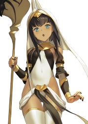 Rule 34 | 1girl, :o, aqua eyes, arm at side, bare shoulders, breasts, brown hair, commentary, covered navel, dark-skinned female, dark skin, egyptian, gold trim, highres, holding, holding staff, km yama, looking at viewer, medium hair, original, small breasts, solo, staff, teeth, thighhighs, upper teeth only, usekh collar, white background