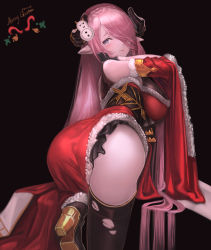 Rule 34 | 1girl, absurdres, ass, bare shoulders, black background, black gloves, black legwear, blue eyes, blush, breasts, christmas, commentary request, draph, dress, fur trim, gloves, granblue fantasy, hair ornament, high heels, highres, horns, large breasts, leg up, long hair, looking at viewer, looking back, narmaya (granblue fantasy), narmaya (holiday) (granblue fantasy), nikumocchi, pink hair, pointy ears, red dress, signature, solo, thighs, torn clothes, torn legwear, very long hair, wide sleeves