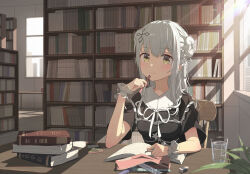 Rule 34 | 1girl, black shirt, blush, book, breasts, cup, dappled sunlight, day, desk, double bun, drinking glass, eraser, flower, hair bun, hair flower, hair ornament, hairclip, hano 1219, highres, holding, holding pen, indoors, leaning on table, library, light rays, long hair, medium breasts, on chair, open book, original, pen, plant, ruler, shirt, short sleeves, sitting, smile, solo, studying, sunlight, upper body, water, white hair, wrist cuffs, yellow eyes