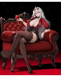 Rule 34 | 1girl, absurdres, ahoge, belt, black corset, black footwear, black thighhighs, blush, breasts, brooch, chair, choker, cleavage, corset, crossed legs, cup, eyewear on head, glass, gloves, hair between eyes, high heels, highres, holding, holding cup, huge breasts, jewelry, kangaruu (momotk1109), lips, long hair, red shirt, shirt, sitting, solo, sunglasses, thighhighs, virtual youtuber, vshojo, white gloves, white hair, yellow eyes, zentreya