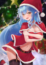 Rule 34 | 1girl, absurdres, akuame (ring3922), alternate costume, belt, black thighhighs, blue flower, blue hair, braid, breasts, brown belt, capelet, christmas lights, christmas tree, collar, colored inner hair, commentary, dot nose, floating hair, flower, gift, hair flower, hair ornament, hands on own breasts, hat, heart, heart hair, highres, hololive, light blush, long hair, looking at viewer, medium breasts, multicolored hair, navel, open mouth, pointy ears, red capelet, red footwear, red hat, red skirt, ribbon, santa costume, side braid, skirt, snow, solo, star (symbol), thigh strap, thighhighs, virtual youtuber, white collar, white fur, white ribbon, yellow eyes, yukihana lamy