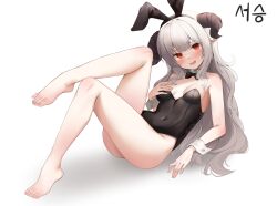 Rule 34 | 1girl, absurdres, animal ears, ass, bare legs, bare shoulders, barefoot, black hairband, black leotard, bow, bowtie, breasts, commission, covered navel, detached collar, fake animal ears, feet, hairband, hand on own chest, highleg, highleg leotard, highres, horns, knees up, leg up, leotard, long hair, looking at viewer, lying, on back, open mouth, original, pharamacom, plantar flexion, playboy bunny, pointy ears, rabbit ears, reclining, red eyes, simple background, small breasts, smile, solo, strapless, strapless leotard, thighs, toes, very long hair, white background, white hair, wrist cuffs