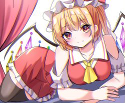 Rule 34 | 1girl, blonde hair, blush, bow, breasts, crystal, flandre scarlet, hat, hat ribbon, highres, kiui (dagk8254), looking at viewer, medium breasts, medium hair, mob cap, one side up, puffy short sleeves, puffy sleeves, red bow, red eyes, red ribbon, red skirt, red vest, ribbon, shirt, short hair, short sleeves, skirt, solo, touhou, vest, white shirt, wings