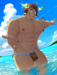 Rule 34 | 1boy, abs, animal ears, bad anatomy, bara, beard, blush, brown hair, bulge, cowboy shot, dark-skinned male, dark skin, day, facial hair, feathers, fiery horns, forked eyebrows, glowing horns, highres, horns, large pectorals, looking at viewer, male focus, male swimwear, manly, muscular, native american, open mouth, outdoors, pectorals, pointing, pov, print male swimwear, print thong, simple background, smile, solo, summer, swimsuit, tepen (tptptpn), thick eyebrows, thong, tokyo houkago summoners, upper body, wakan tanka, wakan tanka (fashionista swimsuit)