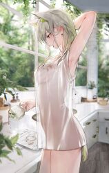 Rule 34 | 1girl, absurdres, animal ears, arknights, arm up, armpits, blurry, blush, breasts, coffee, cup, depth of field, dress, from side, gradient hair, green eyes, green hair, highres, kal&#039;tsit (arknights), large breasts, medium hair, multicolored hair, newspaper, open mouth, qiandaiyiyu, see-through, see-through dress, sink, solo, sweat, tail, white dress, window, wooden floor