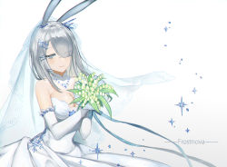 Rule 34 | animal ears, arknights, blue background, bouquet, bridal veil, bride, character name, diamond (gemstone), dress, elbow gloves, flower, frostnova (arknights), gloves, gradient background, hair ornament, highres, holding, holding bouquet, ice, rabbit ears, scar, scar on face, scar on nose, snowflake choker, snowflake hair ornament, solo, strapless, strapless dress, veil, wedding dress, white background, white dress, yu ji miao