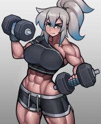 Rule 34 | 1girl, abs, absurdres, biceps, black shorts, black sports bra, blue gloves, blue hair, borrowed character, breasts, closed mouth, commission, exercising, fingerless gloves, gloves, gradient hair, green eyes, grey hair, highres, large breasts, looking at viewer, multicolored hair, muscular, muscular female, navel, original, roadi3, short hair, short ponytail, shorts, solo, sports bra, thick thighs, thighs, weightlifting