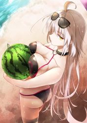 Rule 34 | 1girl, absurdres, ahoge, ass, beach, bikini, black bikini, black choker, breasts, butt crack, carrying, choker, cleavage, day, emilio (tetsukazu no ao), eyewear on head, fate/grand order, fate (series), food, from above, fruit, highres, jeanne d&#039;arc alter (swimsuit berserker) (fate), jeanne d&#039;arc (fate), jeanne d&#039;arc alter (fate), jeanne d&#039;arc alter (swimsuit berserker) (fate), large breasts, long hair, melon, o-ring, o-ring bikini, o-ring bottom, o-ring top, ocean, outdoors, silver hair, skindentation, solo, swimsuit, thigh strap, tsurime, very long hair, yellow eyes