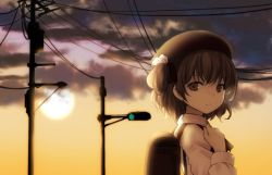 Rule 34 | 1girl, backpack, bad id, bad pixiv id, bag, beret, black hat, black ribbon, brown eyes, brown hair, closed mouth, cloud, cloudy, cloudy sky, collared shirt, commentary request, evening, flower, funnyfunny, hair flower, hair ornament, hair rings, hat, hatoba tsugu, long sleeves, looking at viewer, looking to the side, mole, mole under eye, outdoors, ribbon, rose, shirt, sky, solo, sun, sunset, virtual youtuber, white flower, white rose, white shirt