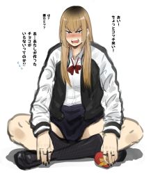 Rule 34 | 1girl, angry, blue eyes, blush, brown hair, delinquent, earrings, full body, highres, jacket, jewelry, kneehighs, loafers, mole, mole under eye, open mouth, original, ribbon, sanpaku, school uniform, shoes, simple background, sitting, skirt, socks, solo, suruga kreuz, translation request, white background