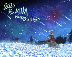 Rule 34 | 1girl, blue flower, blue hat, brown eyes, brown hair, character name, closed mouth, commentary, dated, field, flower, flower field, girls und panzer, happy birthday, hat, highres, holding, holding instrument, instrument, kantele, long hair, long sleeves, looking at viewer, mika (girls und panzer), milky way, nemophila (flower), night, night sky, rebirth42000, red shirt, shirt, shooting star, sitting, sky, smile, solo, star (sky), starry sky, tree, tulip hat, wind