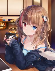 Rule 34 | 1girl, artist name, bare shoulders, blue camisole, blue eyes, blue jacket, blush, breasts, brown hair, camisole, cleavage, collarbone, commentary, cup, english commentary, fur-trimmed jacket, fur trim, hair between eyes, hair ornament, heterochromia, highres, hitsukuya, holding, holding cup, jacket, long hair, long sleeves, looking at viewer, looking to the side, mug, multicolored hair, off shoulder, original, outdoors, penguin hair ornament, print mug, red eyes, red hair, signature, sleeves past wrists, small breasts, snow, solo, streaked hair, themed object, white hair