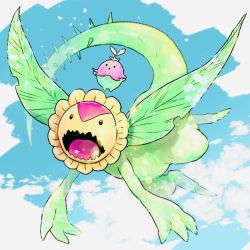 Rule 34 | digimon, digimon (creature), flower, flying, highres, lalamon, open mouth, plant, sunflower, sunflowmon, thorns