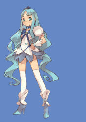 Rule 34 | 10s, 1girl, blue background, blue hair, blue skirt, blue theme, bow, branch (blackrabbits), cure marine, green eyes, hands on own hips, heartcatch precure!, kurumi erika, long hair, magical girl, precure, skirt, solo, standing, thighhighs, very long hair, white thighhighs