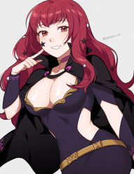 Rule 34 | 1girl, black cape, breasts, cape, choker, covered navel, facial mark, fire emblem, fire emblem engage, grey background, grin, hair ornament, highres, large breasts, looking at viewer, nintendo, peach11 01, pink choker, red eyes, red hair, simple background, smile, solo, star (symbol), star hair ornament, yunaka (fire emblem)