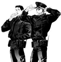 Rule 34 | 2boys, albert wesker, chris redfield, closed mouth, earpiece, eating, food, food on face, greyscale, hair slicked back, hands in pockets, holding, holding food, long sleeves, male focus, monochrome, multiple boys, muscular, muscular male, open mouth, police, police uniform, resident evil, simple background, tatsumi (psmhbpiuczn), uniform, white background