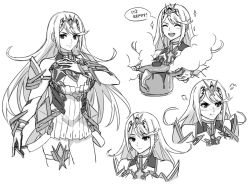Rule 34 | 1girl, armor, blush, breasts, cleavage, cleavage cutout, closed eyes, clothing cutout, earrings, food, gem, gloves, greyscale, headpiece, jewelry, kamu (kamuuei), large breasts, long hair, looking at viewer, monochrome, mythra (xenoblade), nintendo, simple background, smile, solo, swept bangs, thigh strap, tiara, xenoblade chronicles (series), xenoblade chronicles 2, xenoblade chronicles 2: torna - the golden country